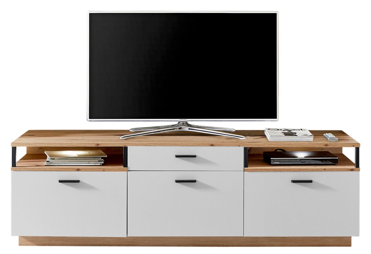 TV-lowboard in modern ontwerp met hout- en wittinten, voorzien van opbergruimte en legplanken voor elektronische apparaten.
