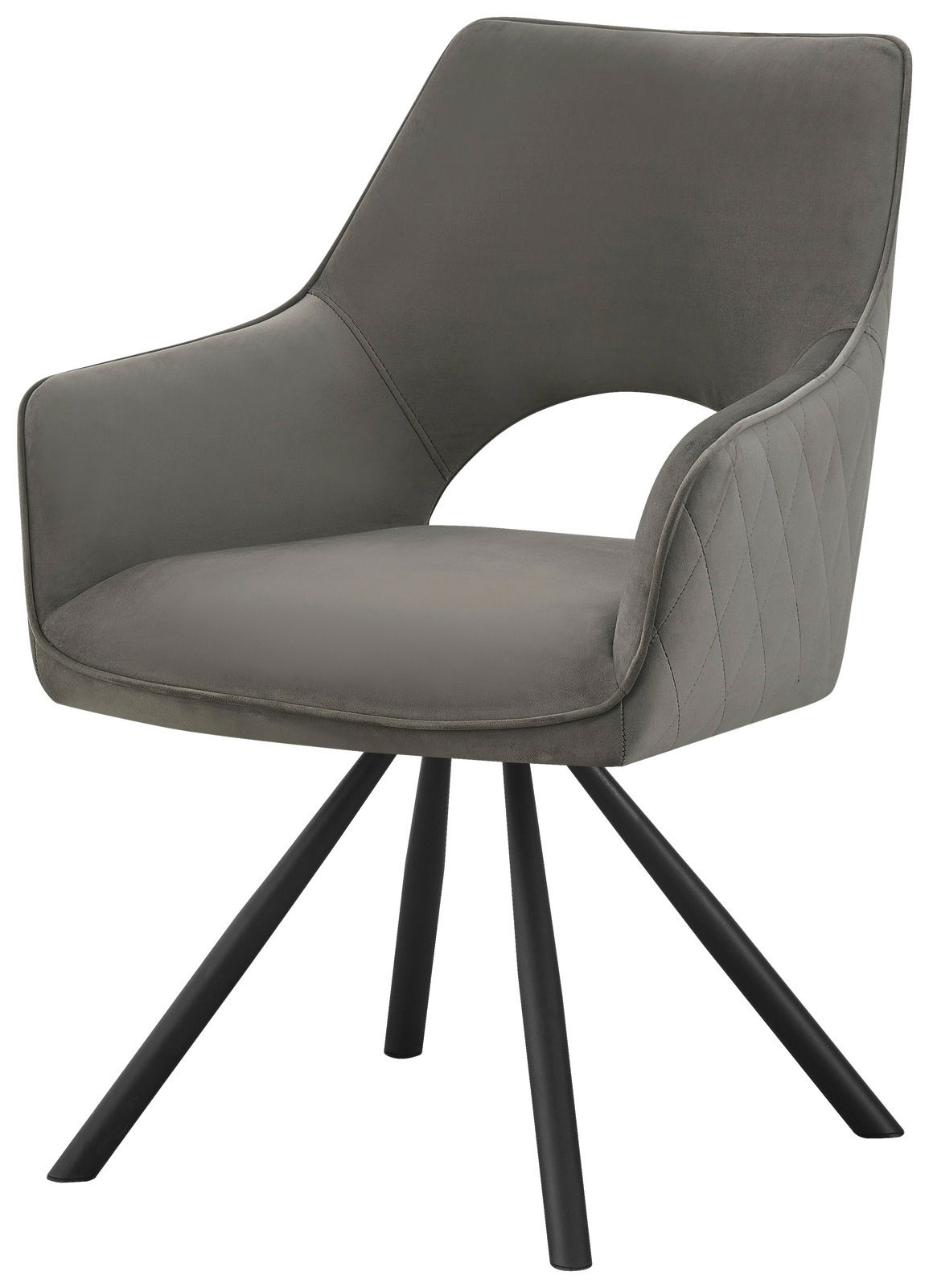 Moderner grauer Armlehnstuhl mit schwarzem Metallgestell, seitliche Perspektive