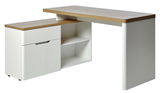 Moderner Eck-Schreibtisch in Weiß mit Holzoberfläche, seitliche Perspektive