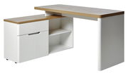 Moderner Eck-Schreibtisch in Weiß mit Holzoberfläche, seitliche Perspektive