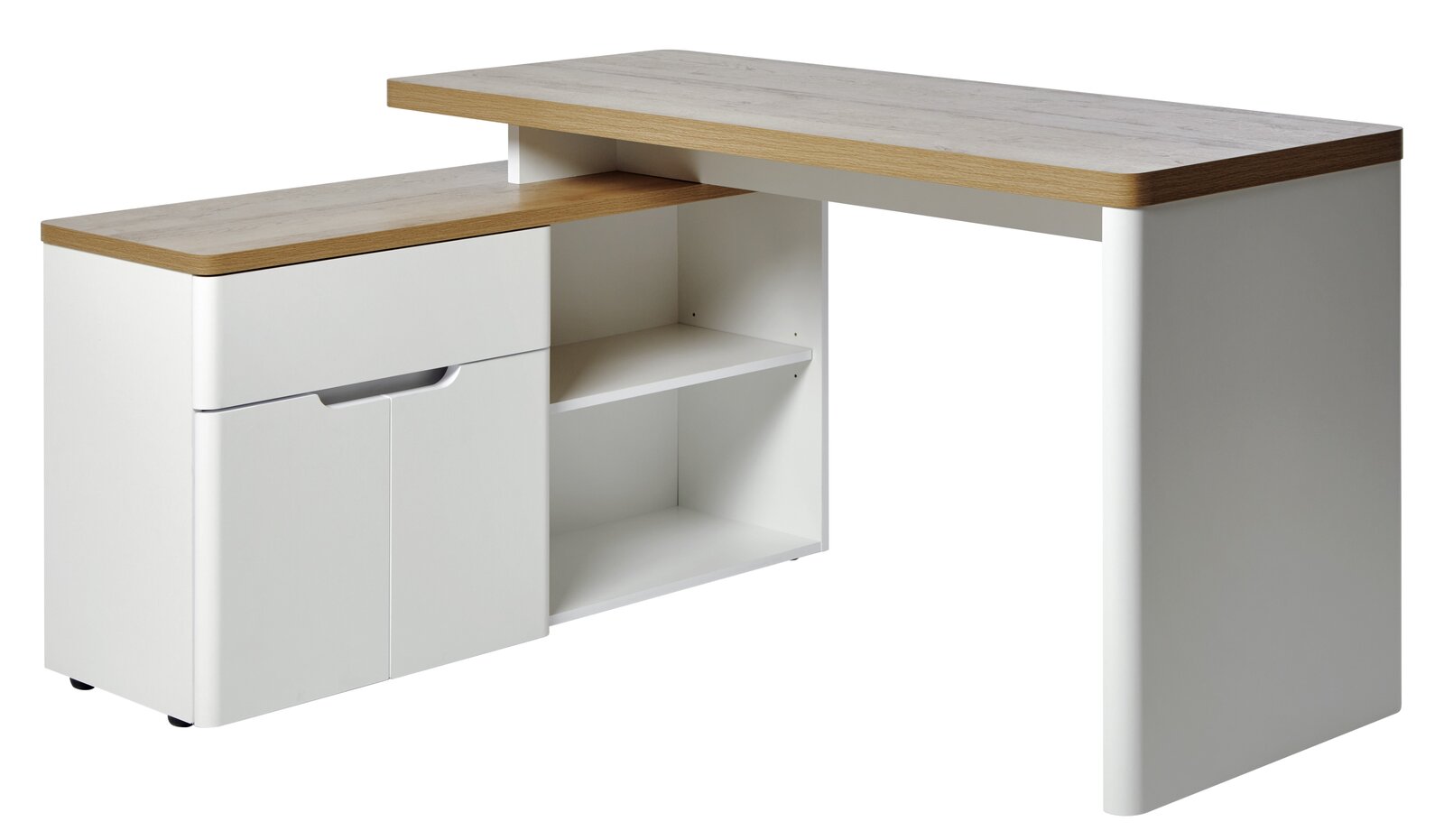 Moderner Eck-Schreibtisch in Weiß mit Holzoberfläche, seitliche Perspektive