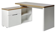 Moderner Eck-Schreibtisch in Weiß mit Holzoberfläche, seitliche Perspektive
