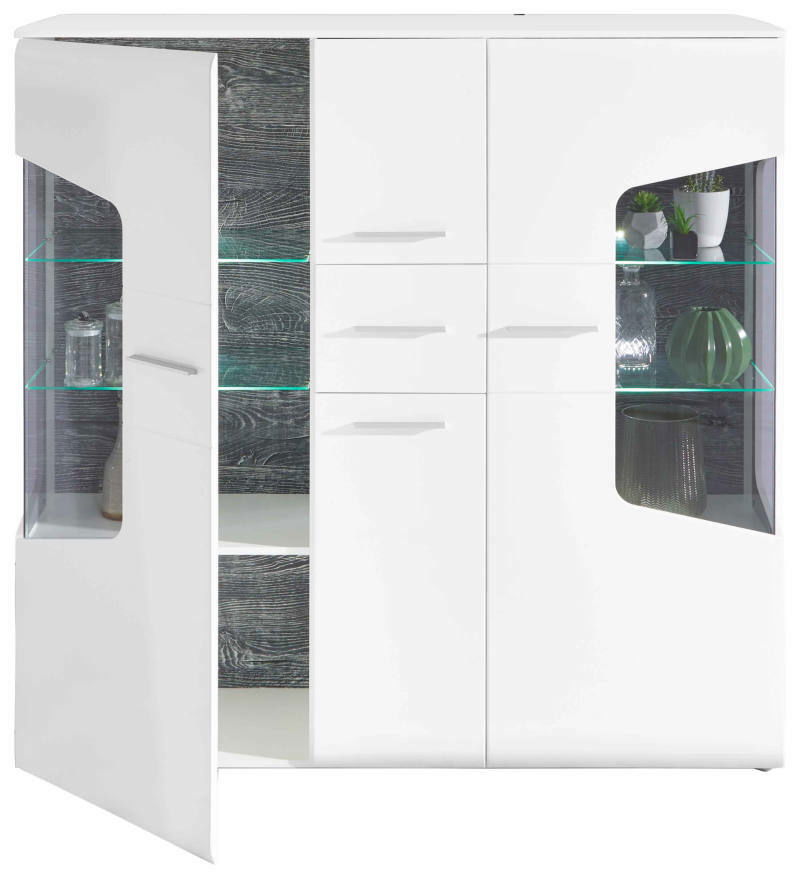 Moderne Highboard-Vitrine in Weiß mit Glaseinsätzen und dekorativen Elementen, Frontansicht