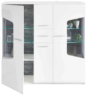 Moderne Highboard-Vitrine in Weiß mit Glaseinsätzen und dekorativen Elementen, Frontansicht