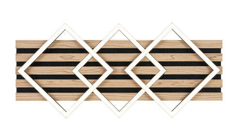 Moderne LED-Deckenleuchte mit geometrischem Design aus Holz und schwarzen Streifen, seitliche Perspektive