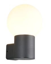 Moderne Aussenwandleuchte mit kugelförmigem, leuchtendem Schirm und zylindrischem Sockel, seitliche Perspektive