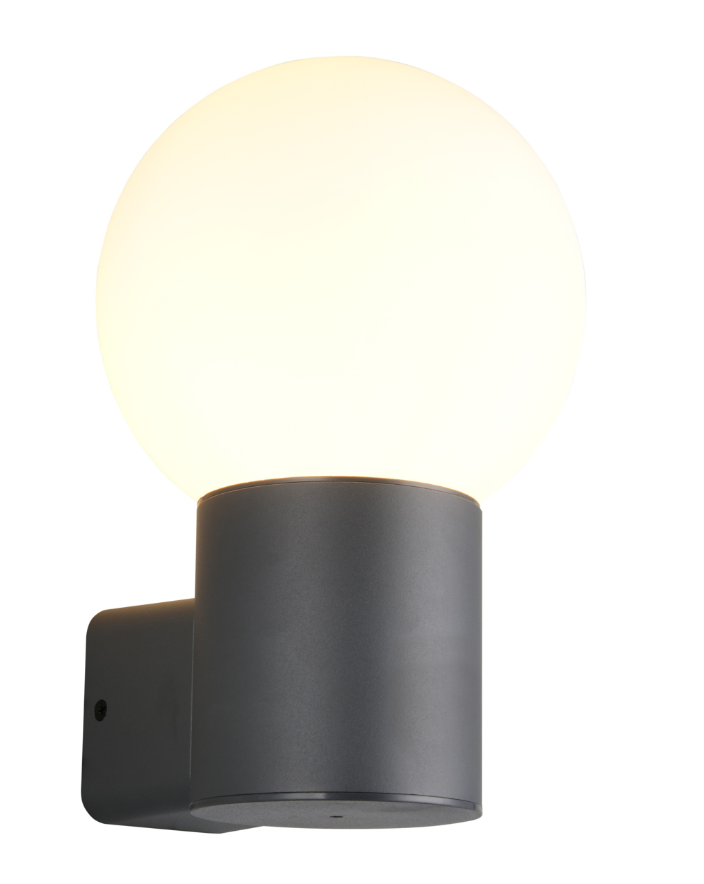 Moderne Aussenwandleuchte mit kugelförmigem, leuchtendem Schirm und zylindrischem Sockel, seitliche Perspektive