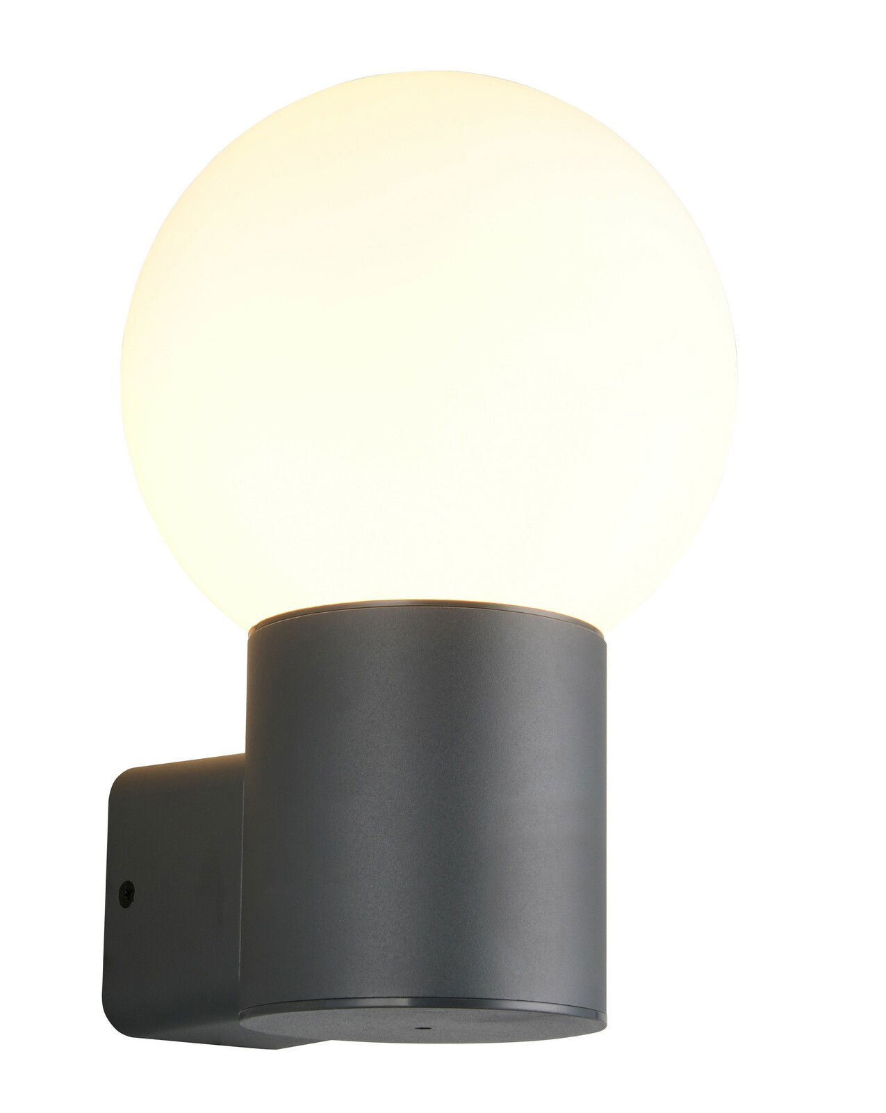 Moderne Aussenwandleuchte mit kugelförmigem, leuchtendem Schirm und zylindrischem Sockel, seitliche Perspektive