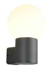 Moderne Aussenwandleuchte mit kugelförmigem, leuchtendem Schirm und zylindrischem Sockel, seitliche Perspektive