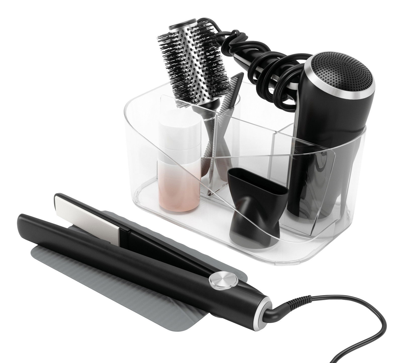 Transparenter Organizer für Haarwerkzeuge mit Fächern, gefüllt mit Föhn, Rundbürste und Haarglätter, aus der Vorderansicht.