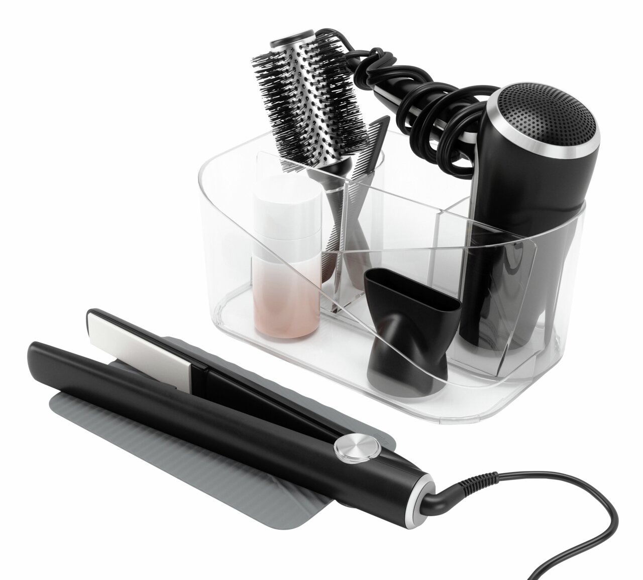 Transparenter Organizer für Haarwerkzeuge mit Fächern, gefüllt mit Föhn, Rundbürste und Haarglätter, aus der Vorderansicht.