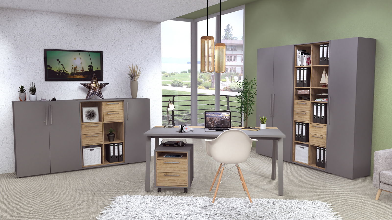 Novel Aktenschrank COLORADO Moderne Büroumgebung mit grauem Schreibtisch, Rollcontainer und Aktenschränken in Holzoptik, seitliche Perspektive.