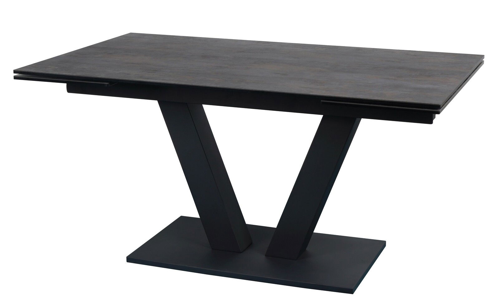 Moderner Esstisch mit dunkler Tischplatte und V-förmigem Gestell, seitliche Perspektive