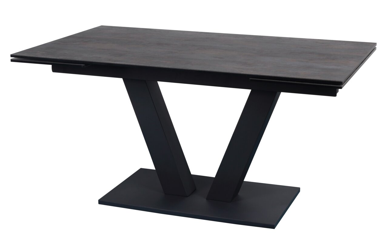 Moderner Esstisch mit dunkler Tischplatte und V-förmigem Gestell, seitliche Perspektive
