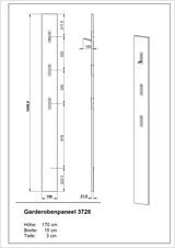 Garderobenpaneel in Seitenansicht und Vorderansicht mit Maßen: Höhe 170 cm, Breite 15 cm, Tiefe 3 cm. Enthält mehrere Haken zur Aufhängung.