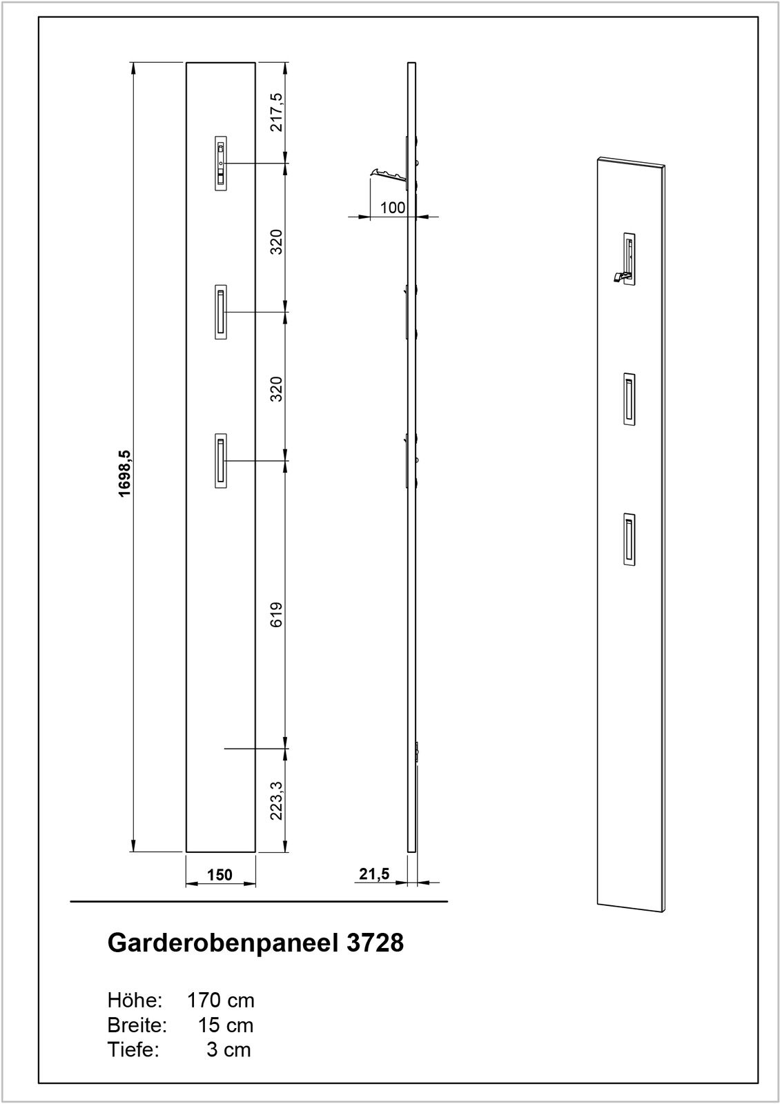 Garderobenpaneel in Seitenansicht und Vorderansicht mit Maßen: Höhe 170 cm, Breite 15 cm, Tiefe 3 cm. Enthält mehrere Haken zur Aufhängung.