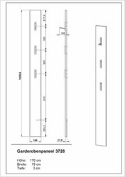 Garderobenpaneel in Seitenansicht und Vorderansicht mit Maßen: Höhe 170 cm, Breite 15 cm, Tiefe 3 cm. Enthält mehrere Haken zur Aufhängung.