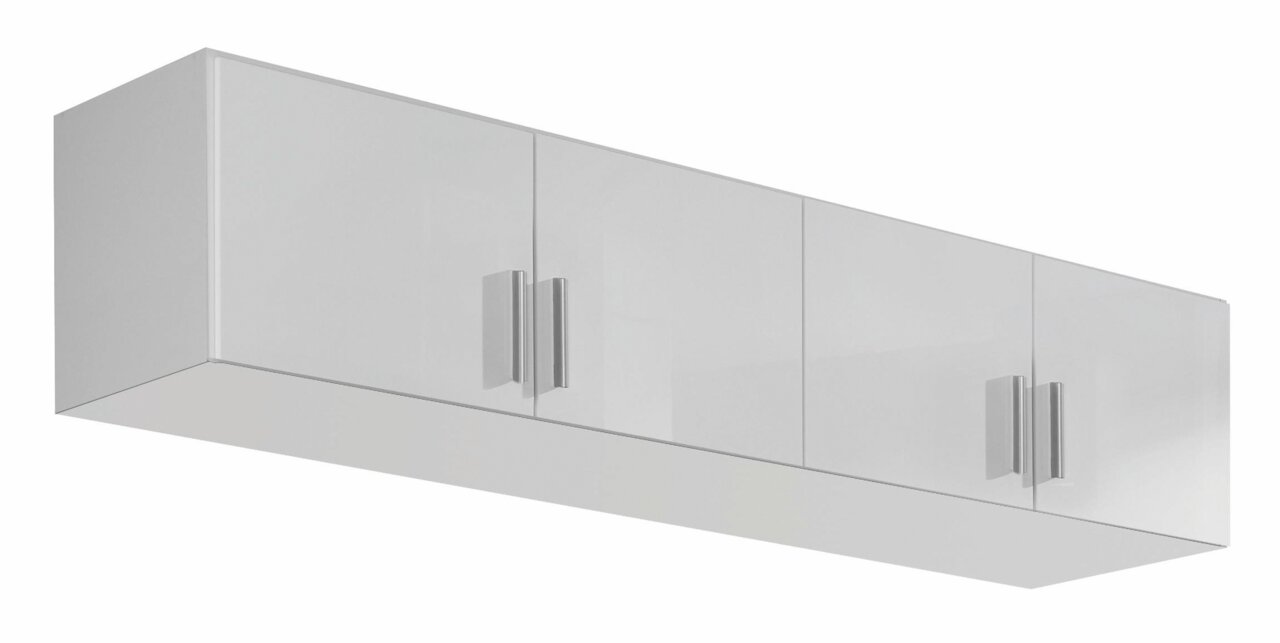 Schrankaufsatz mit vier Türen in weißer Hochglanzoptik, seitliche Perspektive