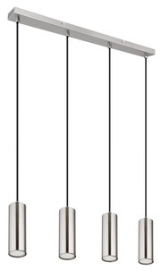 Moderne Hängeleuchte mit vier zylindrischen Lampenschirmen aus Metall, von unten betrachtet.