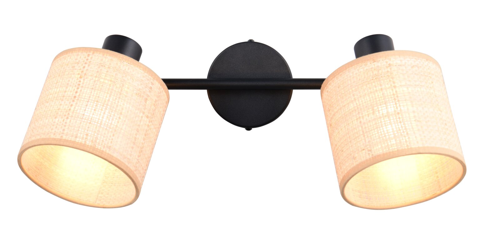 Zweiflammige Wandlampe in Schwarz mit zwei zylindrischen, beigefarbenen Stoffschirmen, frontale Ansicht auf weißem Hintergrund