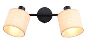 Zweiflammige Wandlampe in Schwarz mit zwei zylindrischen, beigefarbenen Stoffschirmen, frontale Ansicht auf weißem Hintergrund
