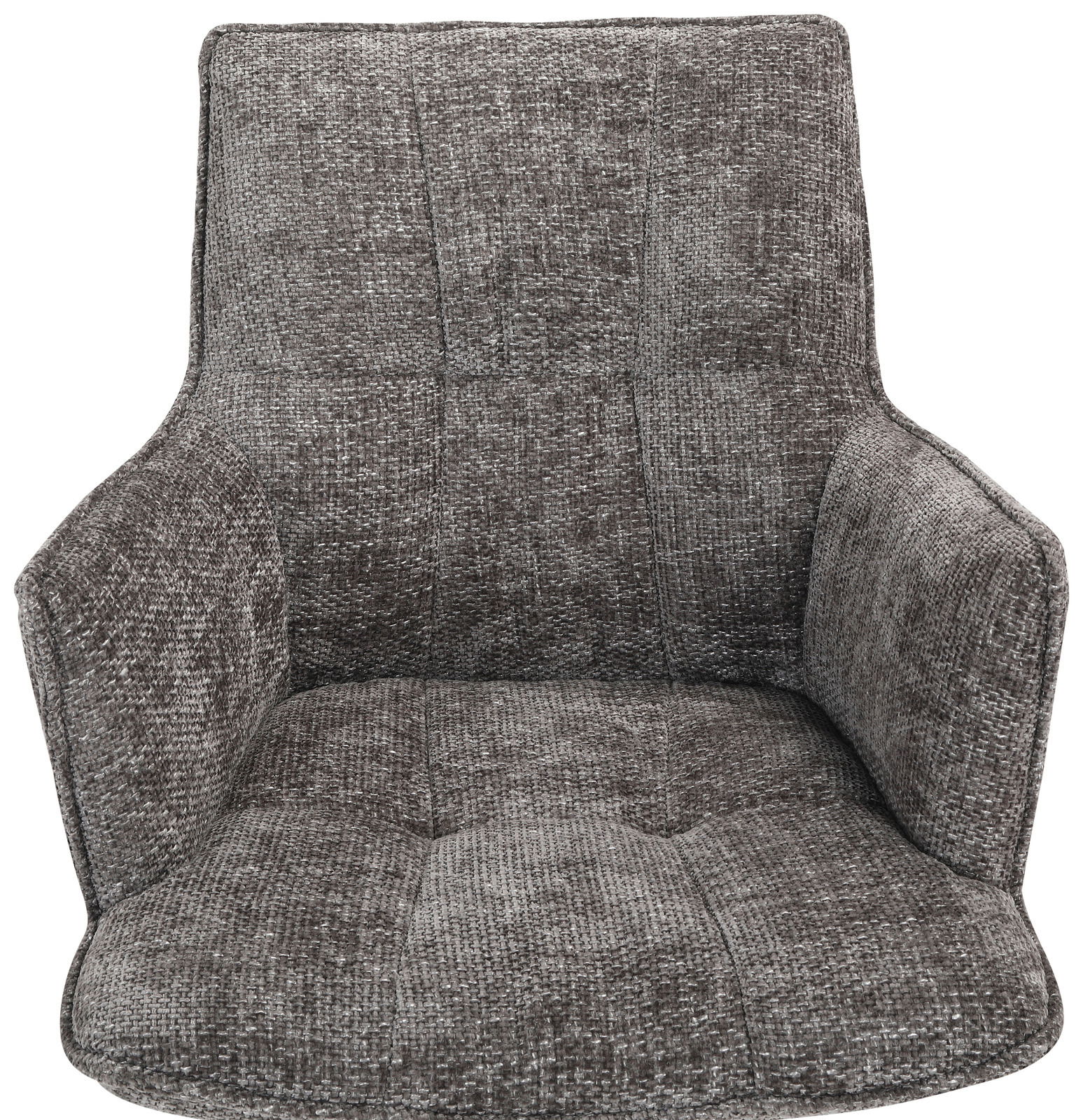 Grauer Sessel mit gepolstertem Stoffbezug, Vorderansicht
