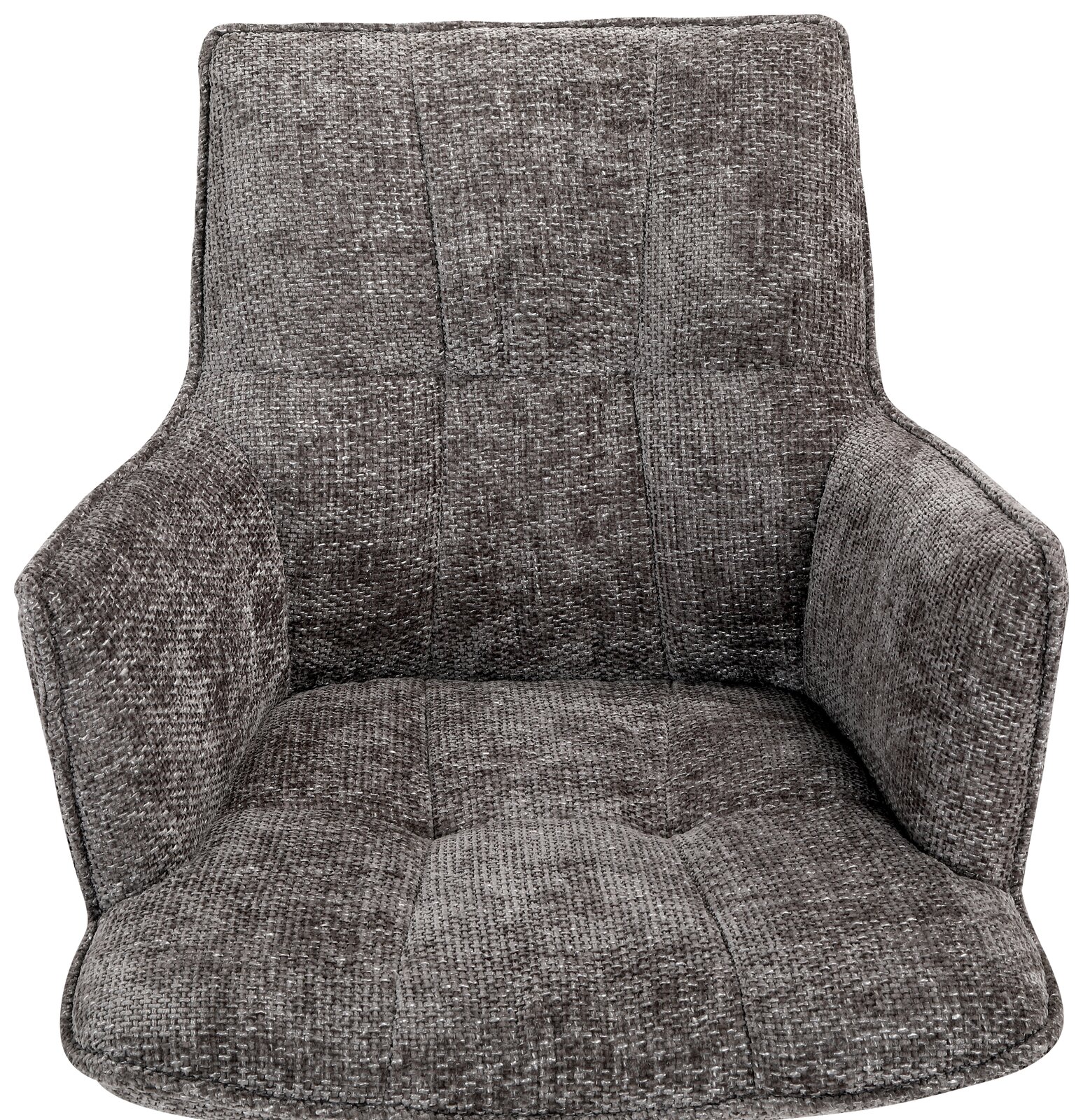 Grauer Sessel mit gepolstertem Stoffbezug, Vorderansicht