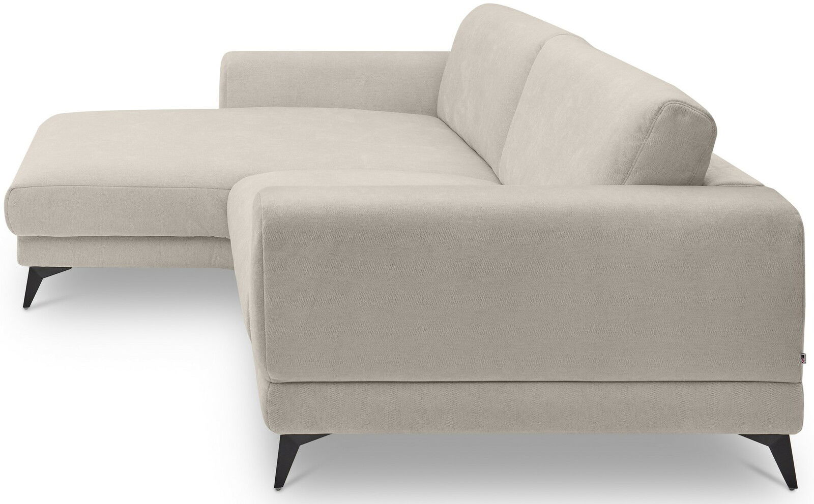 Beige Ecksofa mit linker Ottomane, seitliche Perspektive