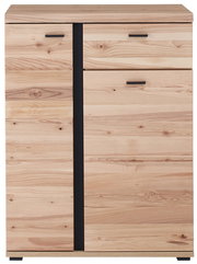 Moderner Schuhschrank aus hellem Holz mit schwarzen Griffen, Frontalansicht