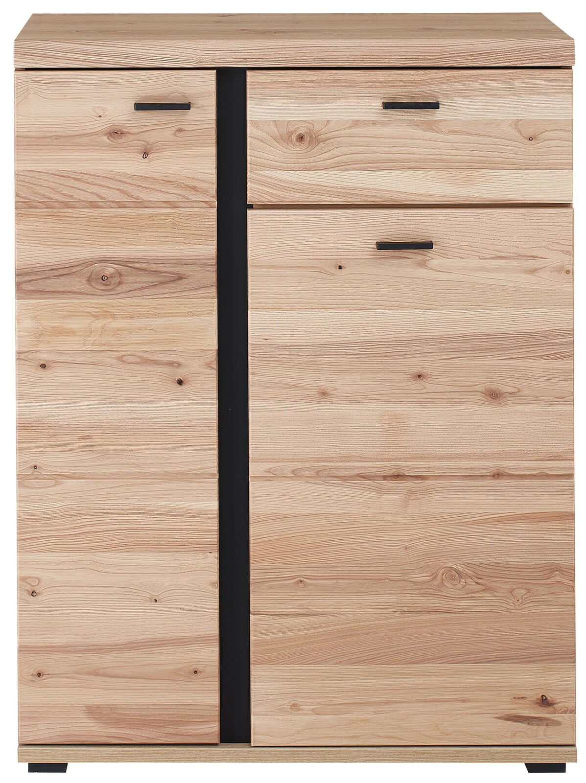 Moderner Schuhschrank aus hellem Holz mit schwarzen Griffen, Frontalansicht