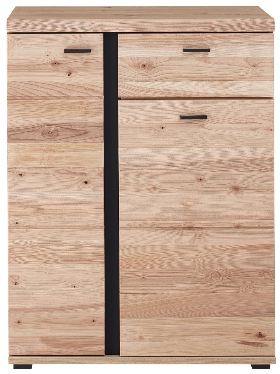 Moderne schoenenkast van licht hout met zwarte handgrepen, vooraanzicht