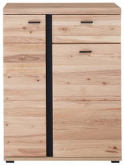 Moderner Schuhschrank aus hellem Holz mit schwarzen Griffen, Frontalansicht