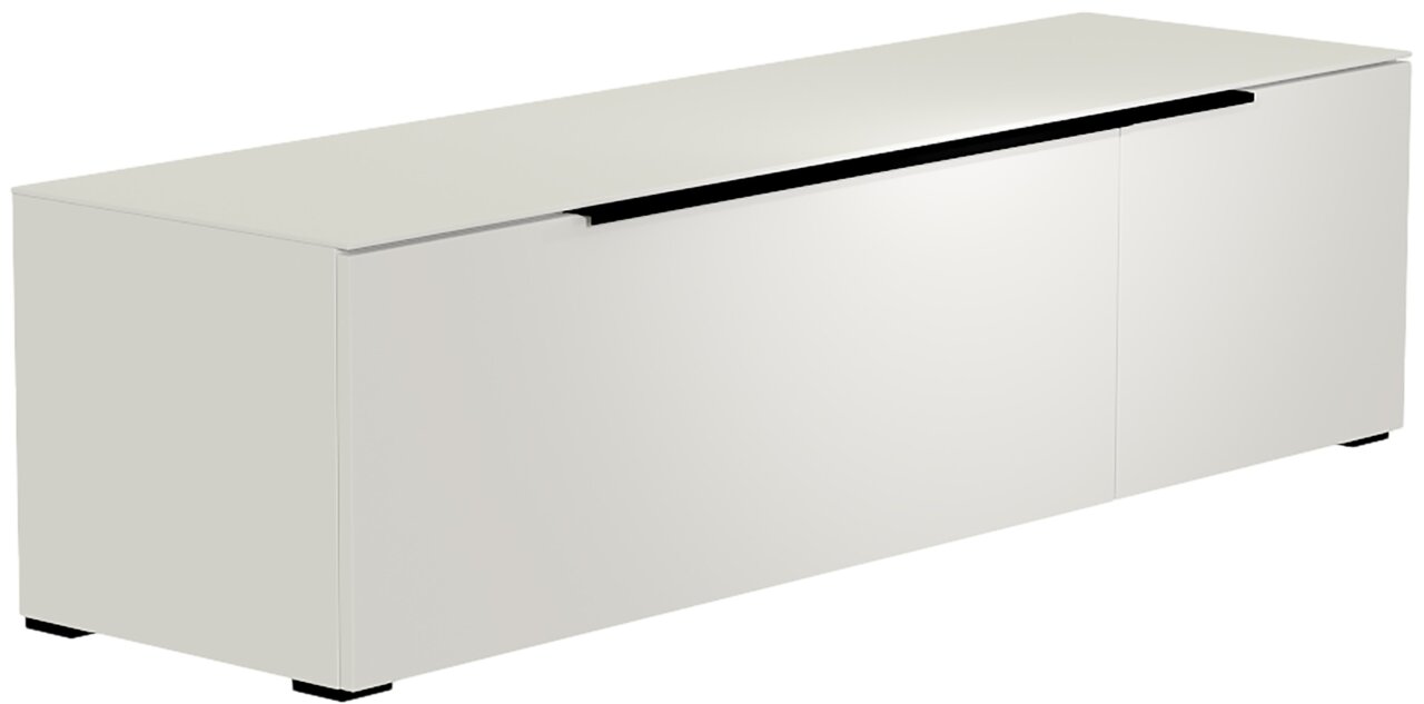 Weißes TV-Lowboard mit minimalistischen Design, seitliche Perspektive