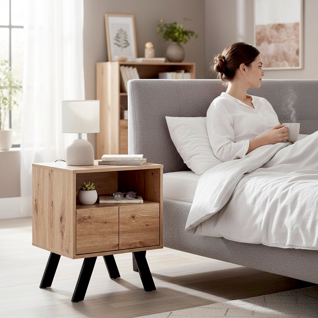 Moderner Nachttisch aus Holz mit offenem Fach und zwei Türen auf schwarzen Beinen neben grauem Polsterbett, seitliche Perspektive im hellen Schlafzimmer
