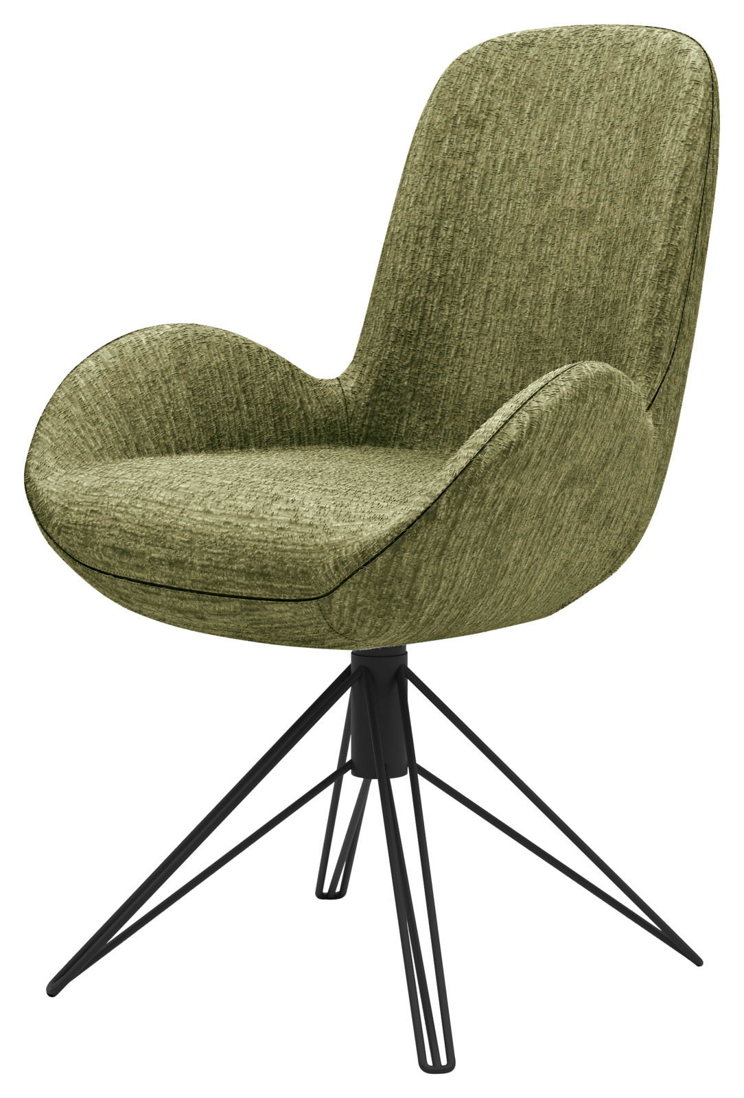 Grüner Armlehnstuhl mit modernem Design und schwarzem Metallgestell, seitliche Perspektive