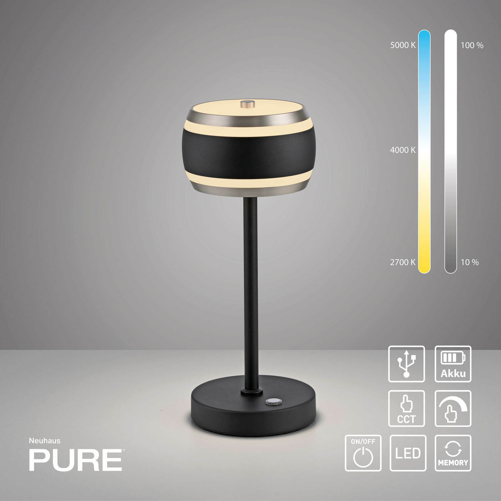 Moderne Akku-Tischleuchte in seitlicher Perspektive mit schwarzem und silbernem Design, dimmbar und mit LED-Technologie.