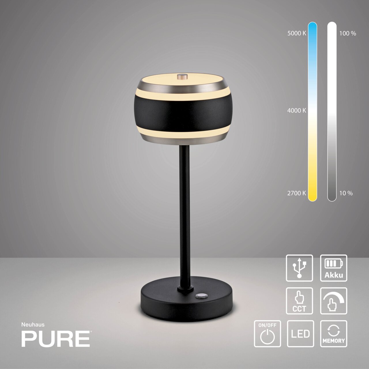 Moderne accu-tafellamp in zijaanzicht met een zwart en zilverkleurig ontwerp, dimbaar en voorzien van led-technologie.