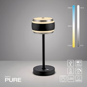 Moderne accu-tafellamp in zijaanzicht met een zwart en zilverkleurig ontwerp, dimbaar en voorzien van led-technologie.