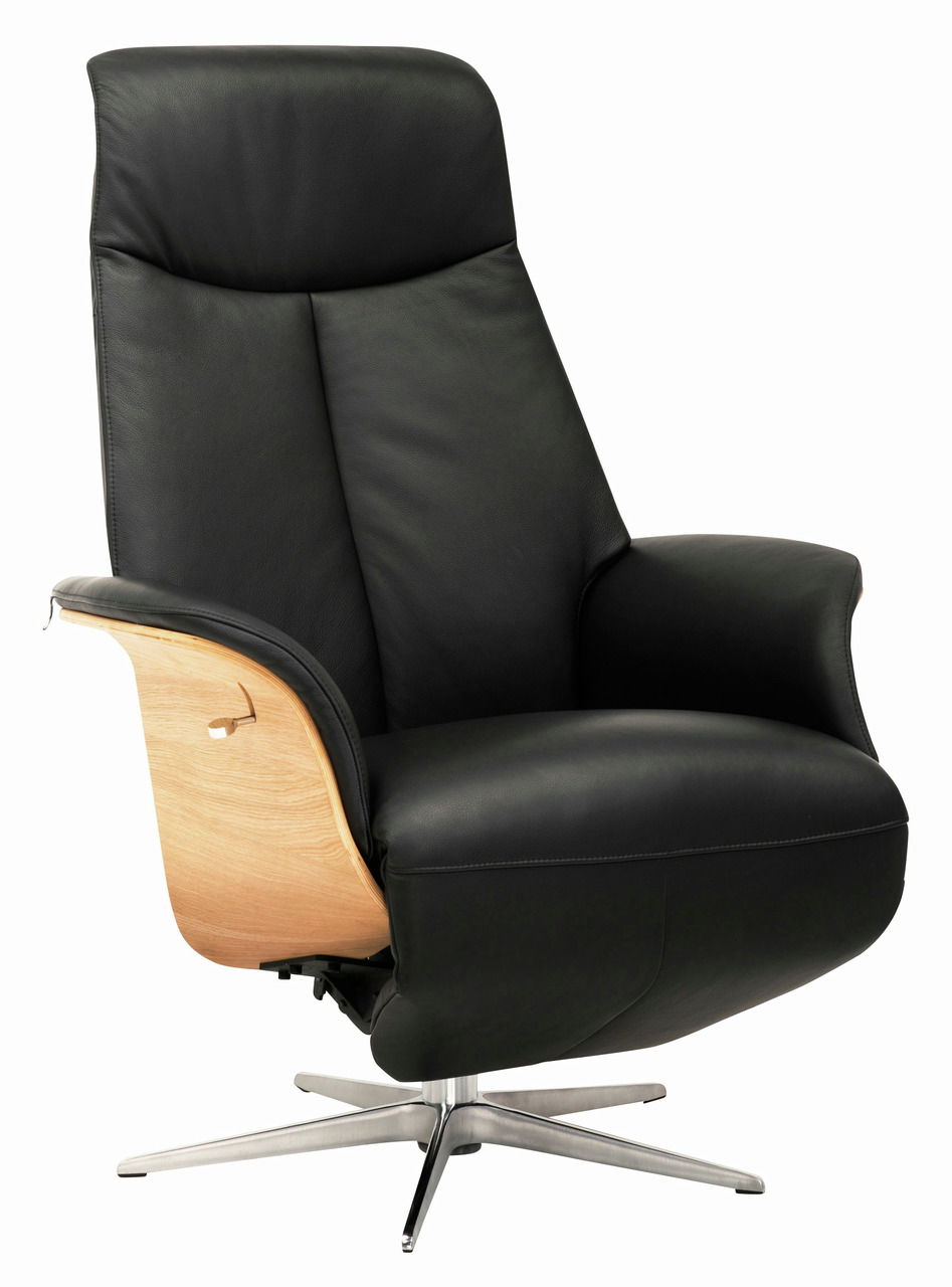 Welnova Relaxsessel 5039 SLIM LINE Schwarzer Relaxsessel mit Holzdetails und Metallfuß, seitliche Perspektive