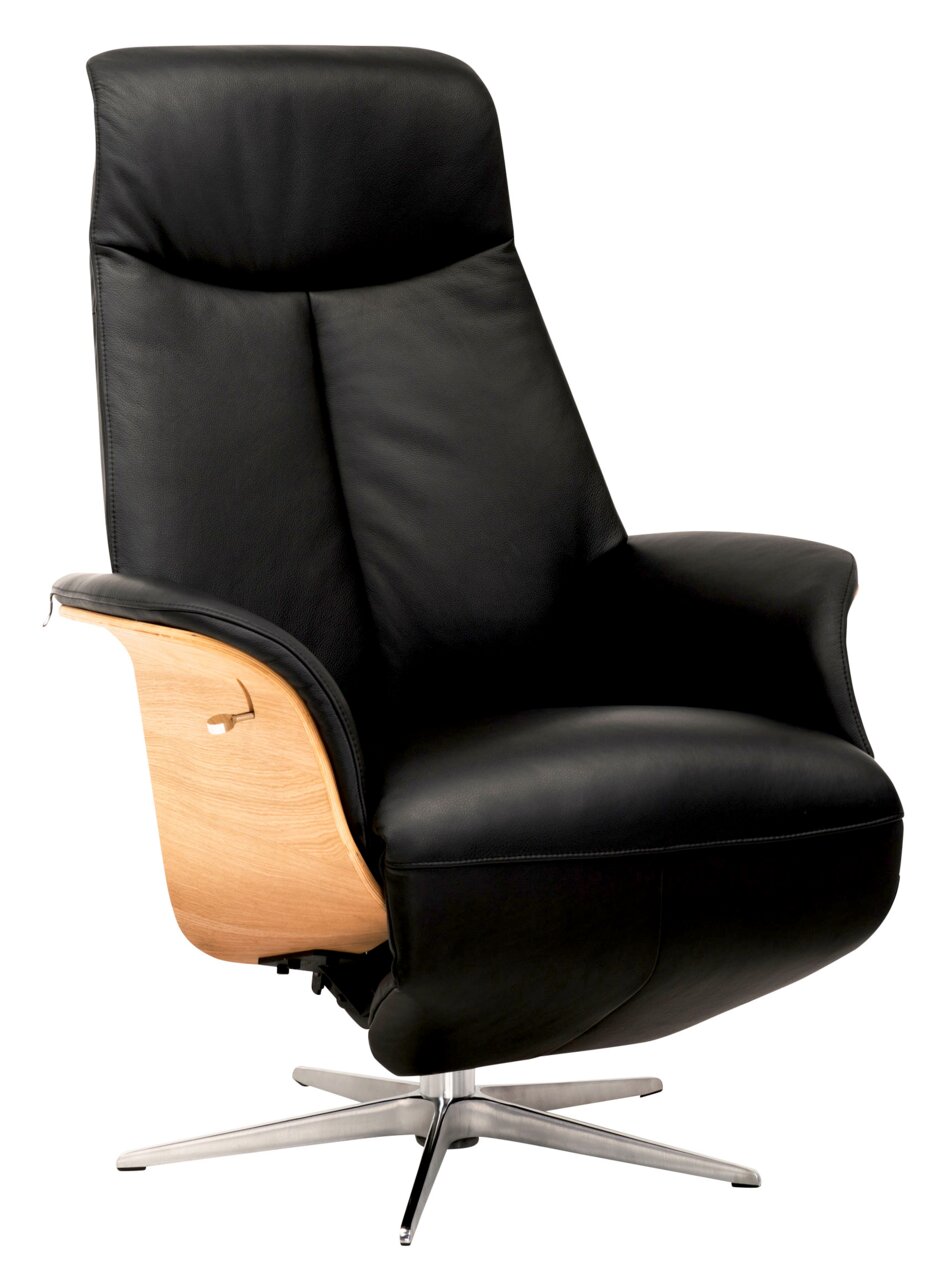 Welnova Relaxsessel 5039 SLIM LINE Schwarzer Relaxsessel mit Holzdetails und Metallfuß, seitliche Perspektive