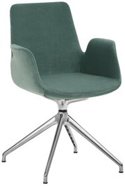Moderner Besucher-Drehsessel mit grünem Stoffbezug und verchromtem Metallgestell, seitliche Perspektive