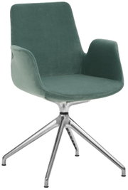 Moderner Besucher-Drehsessel mit grünem Stoffbezug und verchromtem Metallgestell, seitliche Perspektive