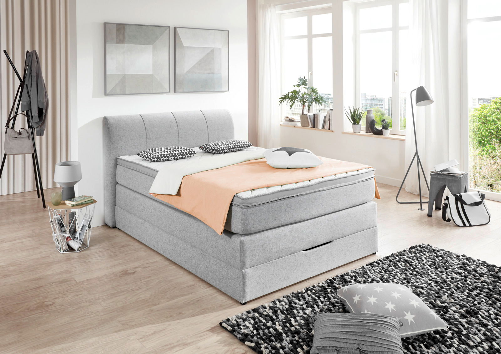 Z2 Boxspringbett BX1440 MODESTO Graues Boxspringbett in modernem Schlafzimmer, seitliche Perspektive