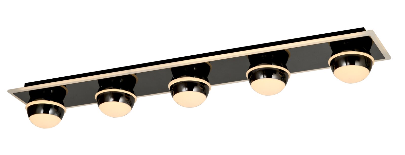 Moderne led-plafondlamp met vijf bolvormige lampen, zijaanzicht