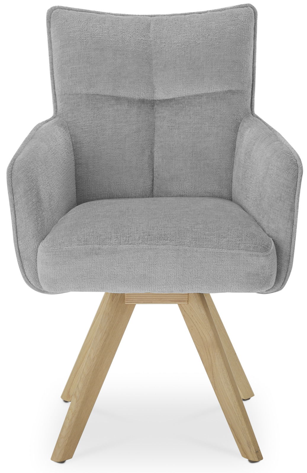 Grauer Armlehnstuhl mit Holzbeinen, Frontalansicht