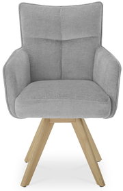 Grauer Armlehnstuhl mit Holzbeinen, Frontalansicht