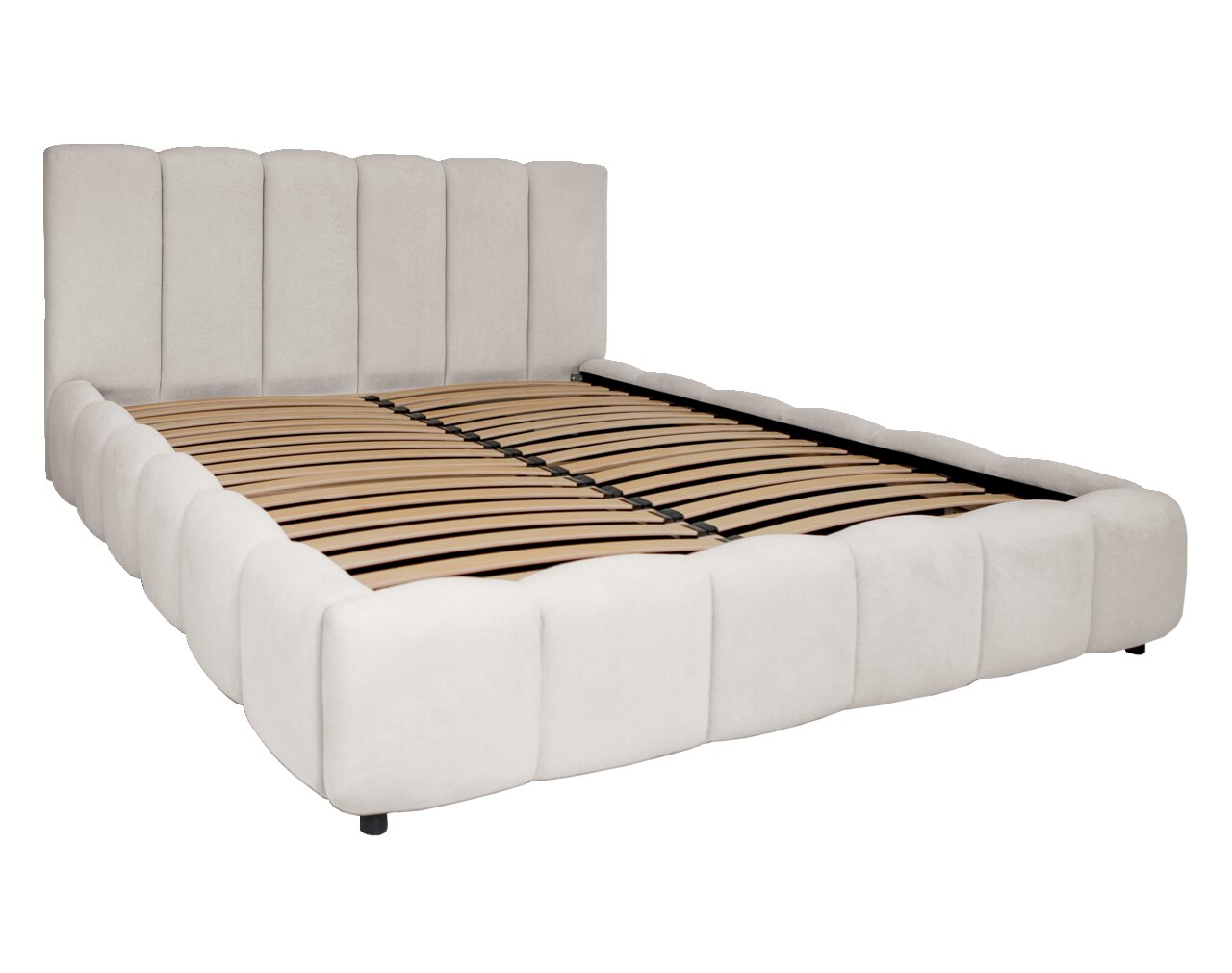 Polsterbettgestell in hellem Stoff mit Lattenrost, seitliche Perspektive