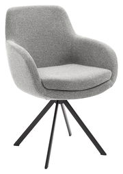 Grauer Armlehnstuhl mit gepolstertem Sitz und Rückenlehne, auf schwarzem Metallgestell, seitliche Perspektive