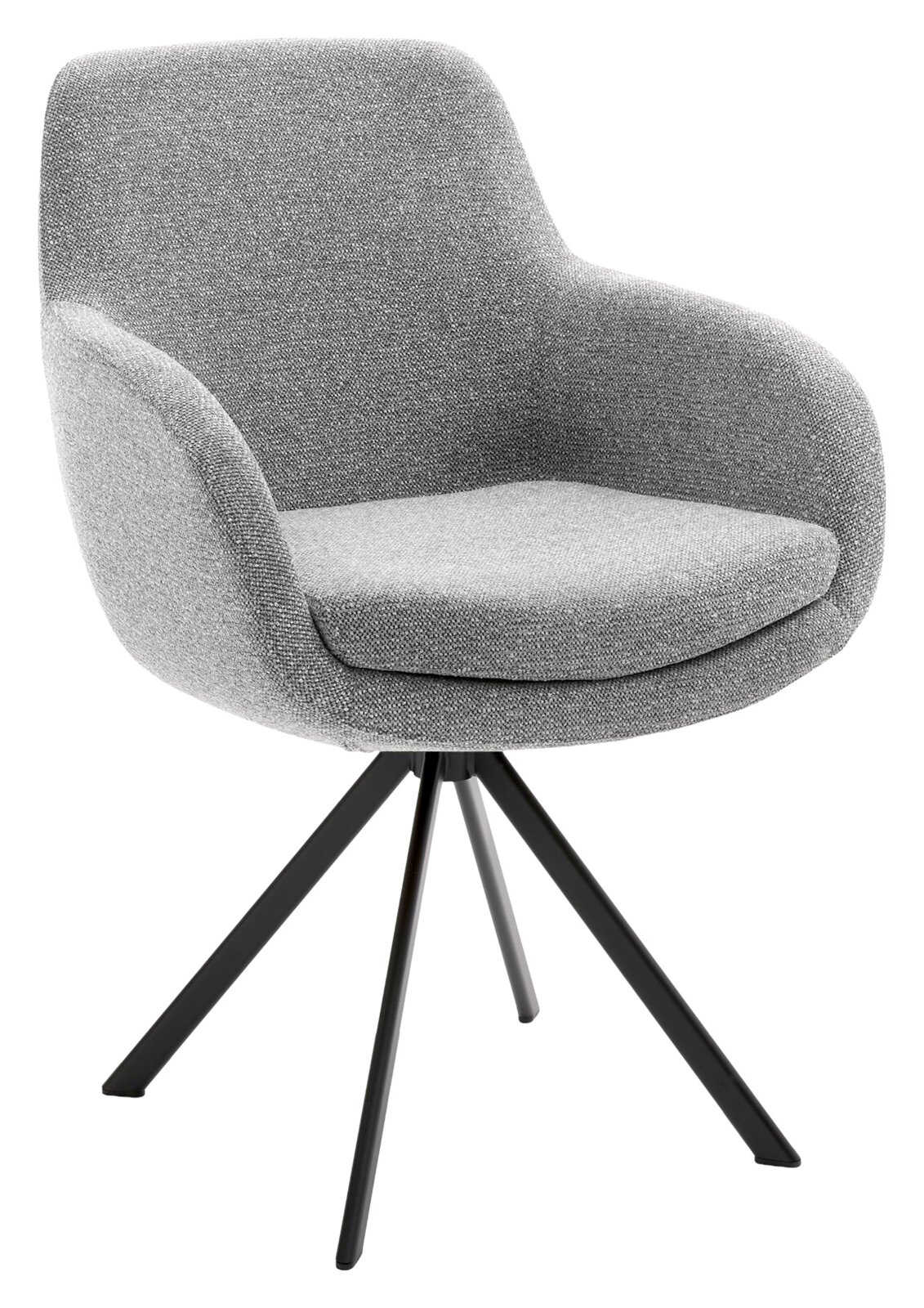Grijze fauteuil met gestoffeerde zitting en rugleuning, op een zwart metalen onderstel, zijaanzicht