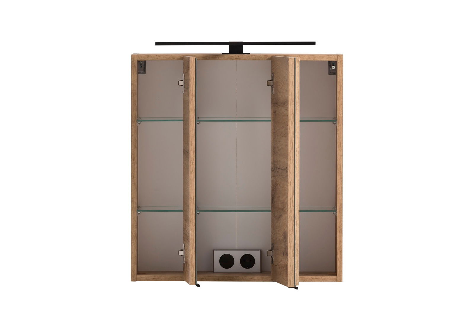 Spiegelschrank mit drei offenen Türen, Holzrahmen und Glasregalen, Frontalansicht